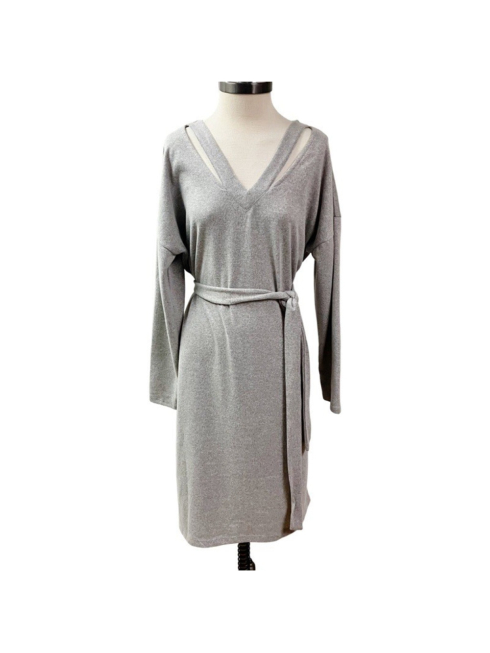 Fall Cozy Minimalist CATO Womens Gray Sweater Tie Belt Dress Office to Evening